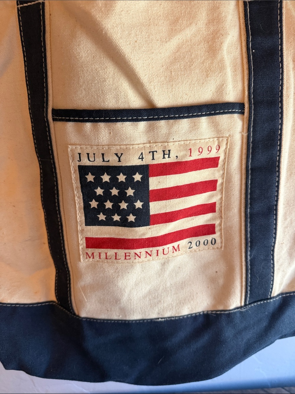 Vintage Canvas Patriotic Tote Bag with Flag Patch - Picture 2 of 4